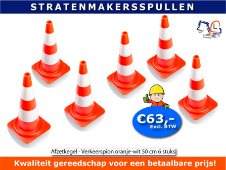 Afzetkegel - Verkeerspion oranje-wit 50 cm 6 stuks