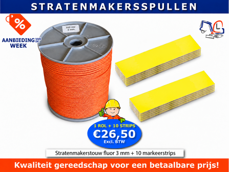 Stratenmakerstouw fluor 3 mm 300 m met 2 pakjes markeerstrips