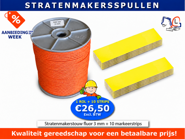 Stratenmakerstouw fluor 3 mm 300 m met 2 pakjes markeerstrips