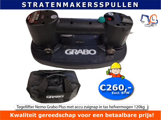 Tegellifter Nemo Grabo Plus met accu zuignap in tas hefvermogen 120kg
