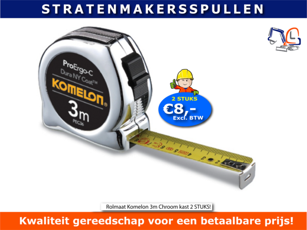 Rolmaat Komelon 3m Chroom kast 2 STUKS!