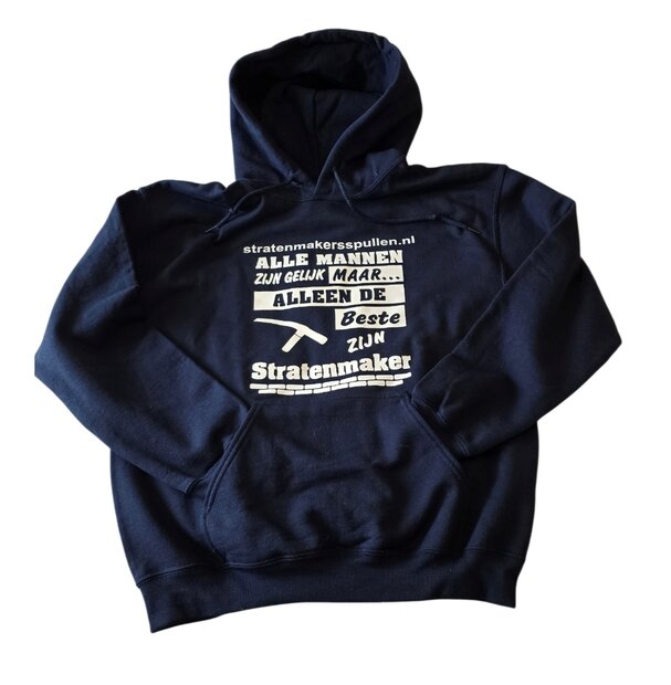 Hoodie blauw met capuchon en witte opdruk voor een stratenmaker SNUFFELHOEK
