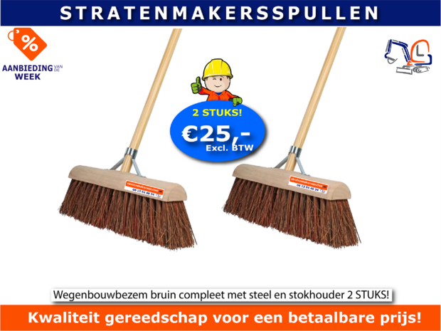 Wegenbouwbezem bruin compleet met steel en stokhouder 2 stuks