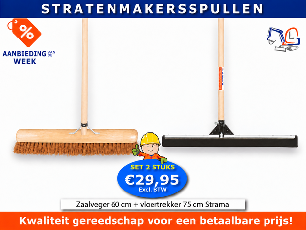 Zaalveger 60 cm en vloertrekker 75 cm Strama voordeelset beide met steel